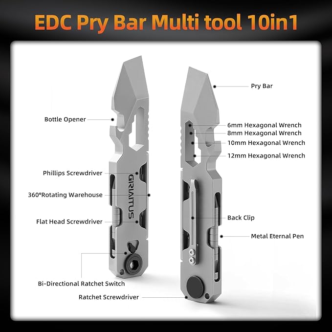 EDC Pry Bar Multitool with Bi-Directional Ratchet Screwdriver & Everlasting Pen, Wrenches, Crowbar, Bottle and Box Openers - Your Versatile Companion for Everyday Carry and Camping Accessories