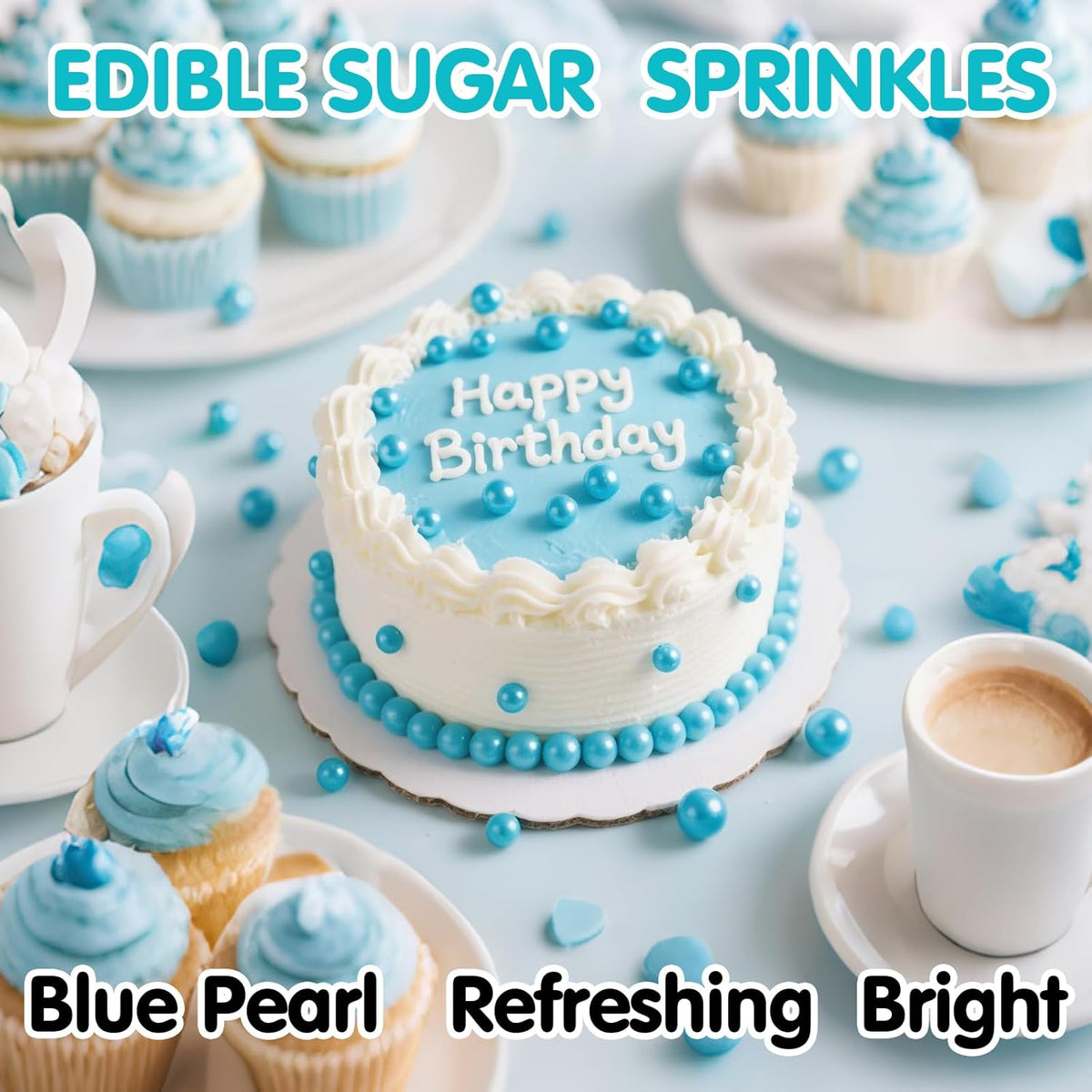 Edible Pearl Sprinkles,Blue Pearl Sugar Sprinkles,130g/4.58oz Mix Size,Baking Edible Cake Decorations, Cupcake Toppers,Cookie Decorating Donuts Ice Cream Toppings,Wedding Party Supplies