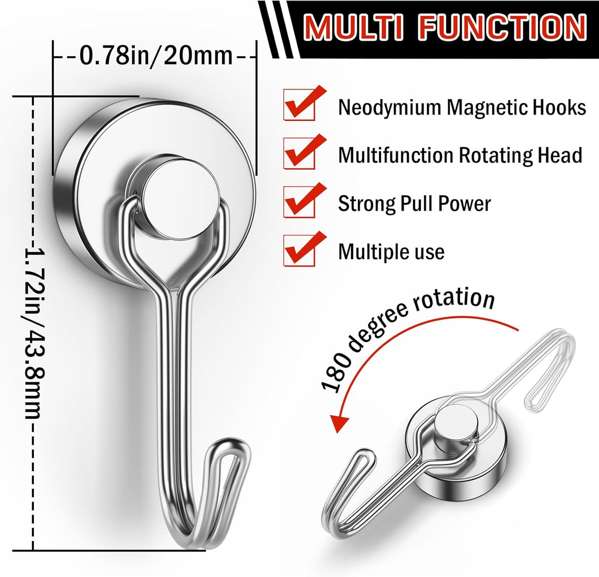 FINDMAG Strong Magnetic Hooks, 40lbs+ Magnetic Hooks Heavy Duty 2025 Cruise Ship Essentials, Strong Neodymium Magnet Hooks for Classroom, Home, Refrigerator, Locker Accessories, 6 Pack, Silver