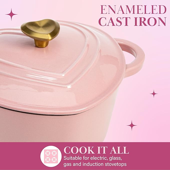 Paris Hilton Enameled Cast Iron Dutch Oven Heart-Shaped Pot with Lid, Dual Handles, Works on All Stovetops, Oven Safe to 500°F, 4-Quart, Pink