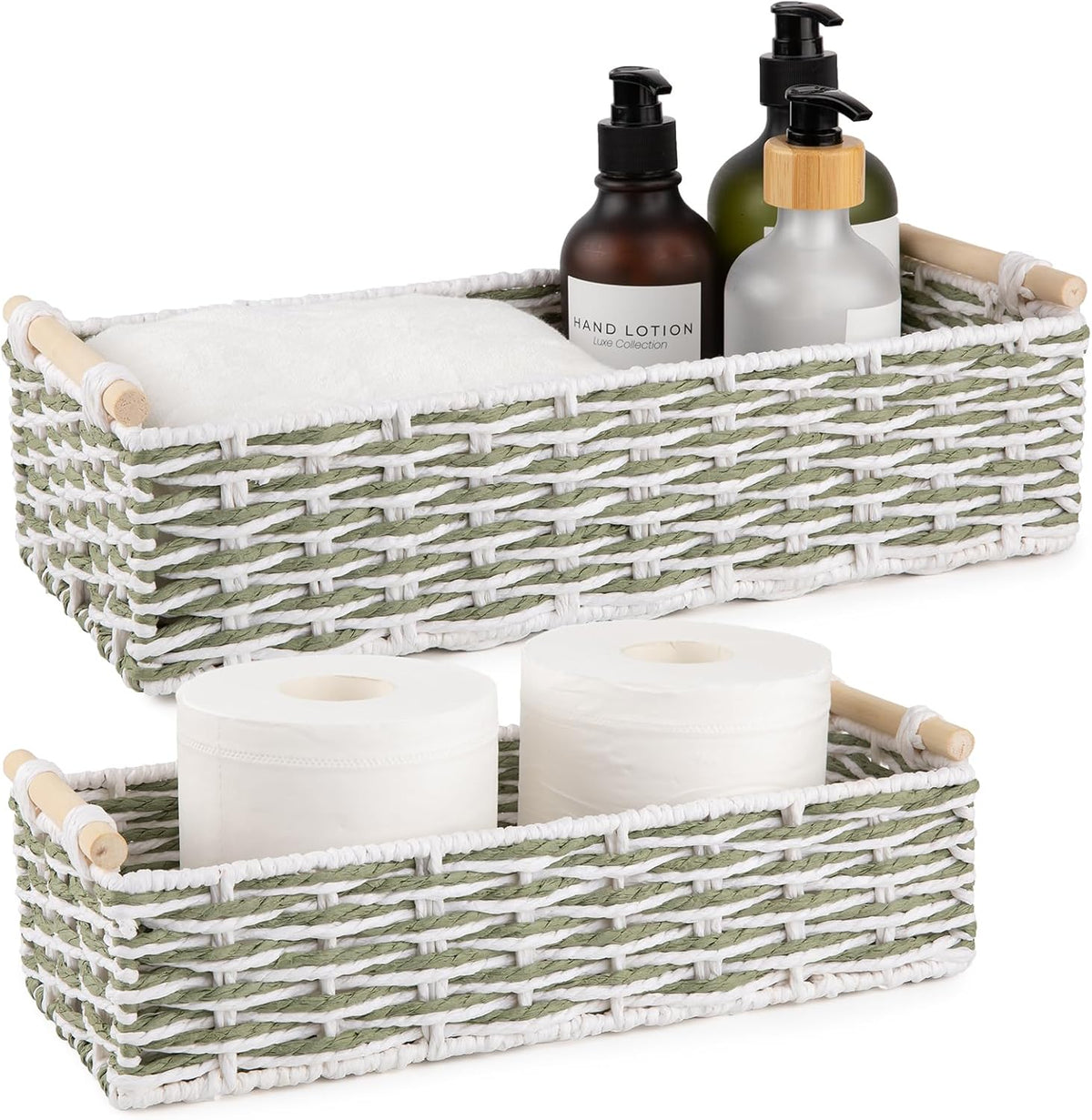 OIAHOMY Toilet Paper Baskets Handmade Paper Rope Decorative Wicker Storage Tank Shelf Cabinet Organizer for Bathroom Home, Set of 2, Green & White