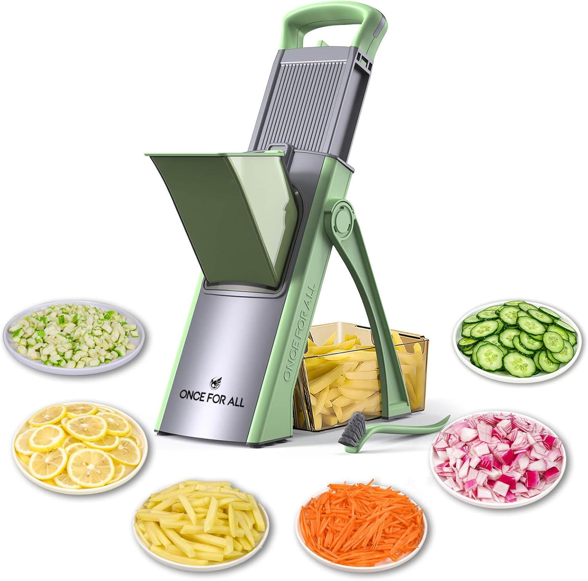 ONCE FOR ALL Upgrade Safe Mandoline Slicer Plus, Adjustable Vegetable Food Chopper Potato Fries French Fry Cutter, Detachable Blade, Kitchen Chopping Artifact, New Kitchen Gift JS03 Green