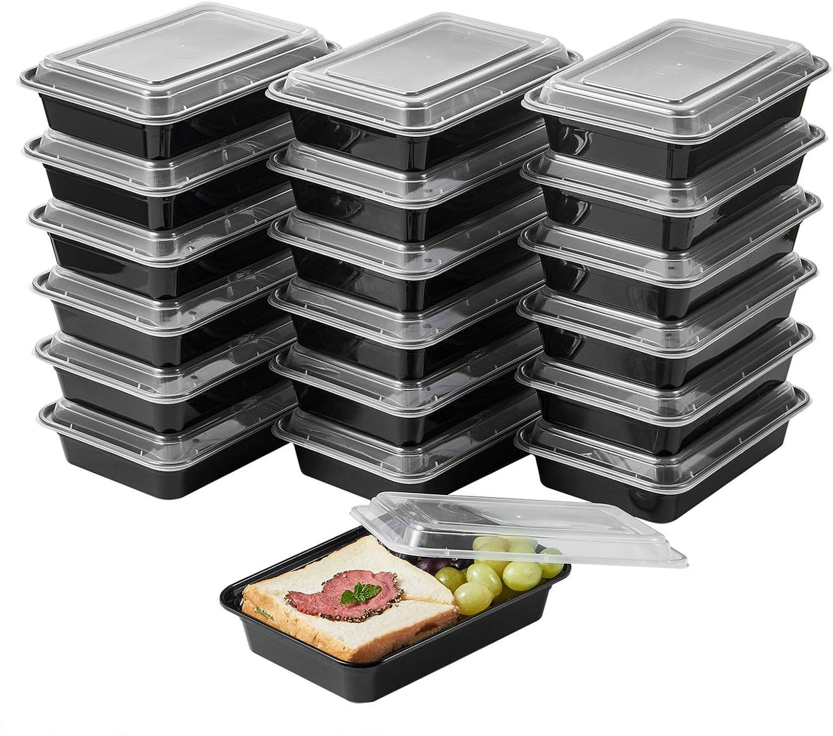 50 Pack Meal Prep Plastic Food Storage Containers With Lids 28 oz 1 Compartment Black Rectangular To Go Lunch Prepping Boxes BPA-Free Microwavable Freezer Safe Stackable (Formerly FULING)