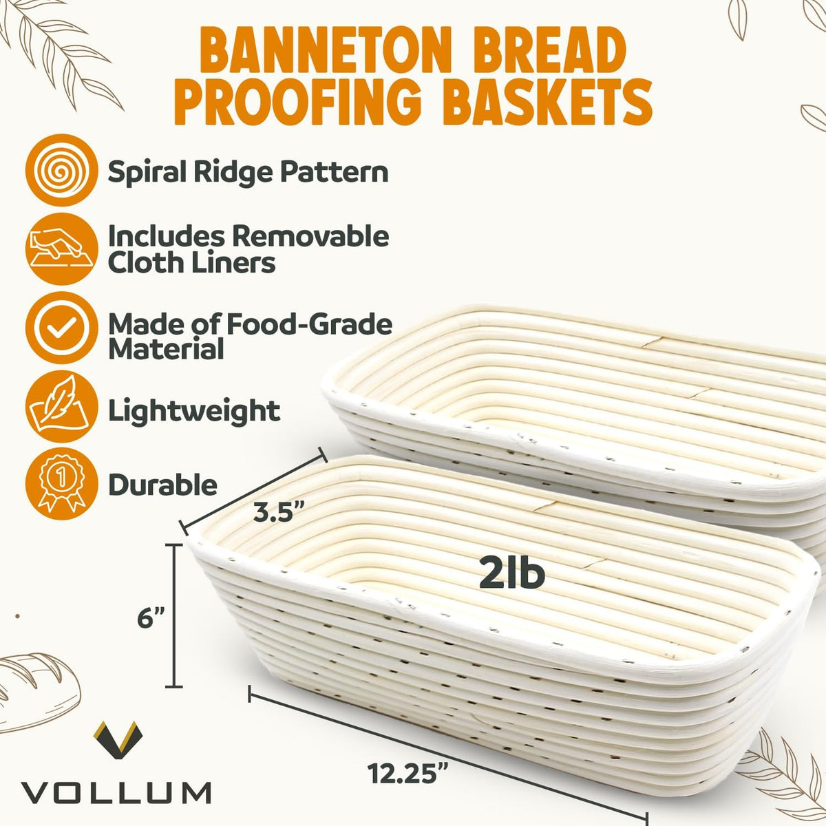 Banneton Bread Proofing Basket Sourdough Proofing for Beginners & Professional Bakers, Handwoven Rattan Cane Bread Maker w/Linen for Artisan Breads, 12.25 x 6 x 3.5 Inch, 2-Lb Rectangular - Set of 2