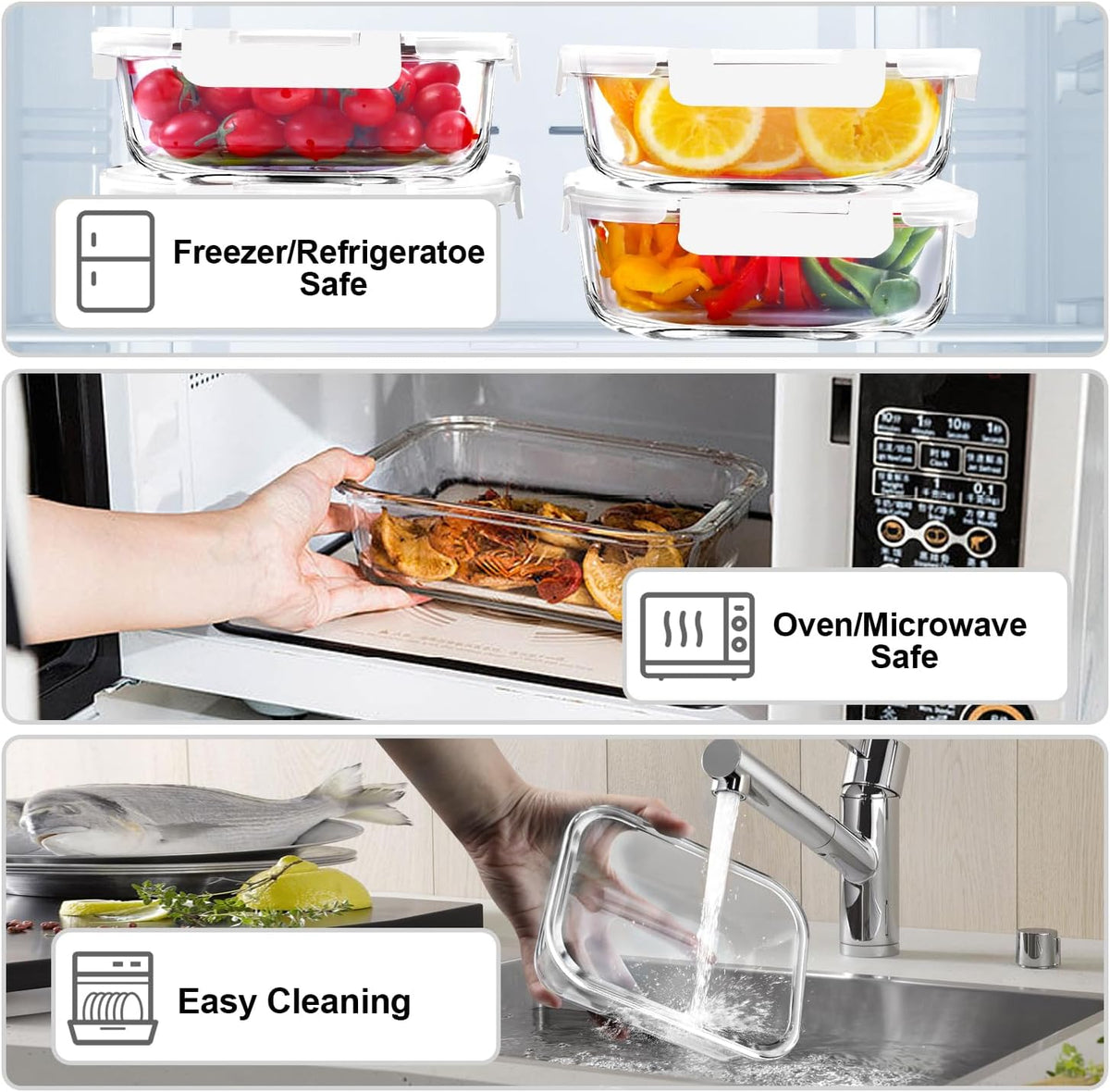 VERONES 5 Pack 36 OZ Glass Meal Prep Containers, Airtight Glass Lunch Containers Set, Food Storage Containers with Lids,Exclusive of BPA, for Microwave, Oven, Freezer & Dishwasher Friendly,White