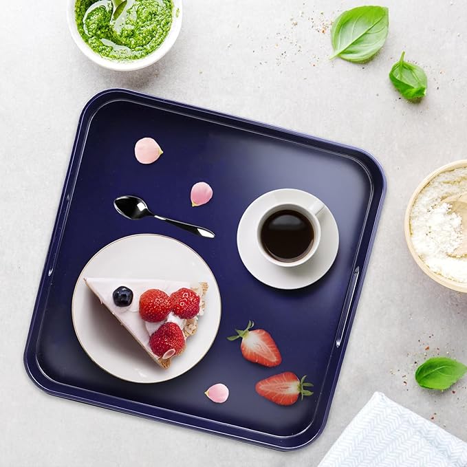 Square Navy Blue Decorative Serving Tray with Handles, Versatile Ottoman Tray for Coffee Table, Entertaining, Outdoor Patio, Living Room, 13”*13”*1.6”