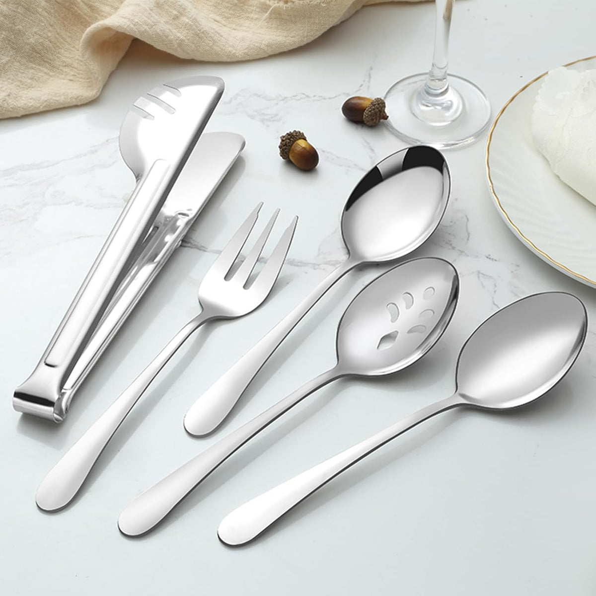 BEWOS Serving Utensils, 16-Piece Large Serving Set, 9.1” Serving Spoons, 9.1” Slotted Spoons, 9.1” Serving Forks, 9.5” Serving Tongs, Stainless Steel Serving Utensils Set for Parties, Dishwasher Safe