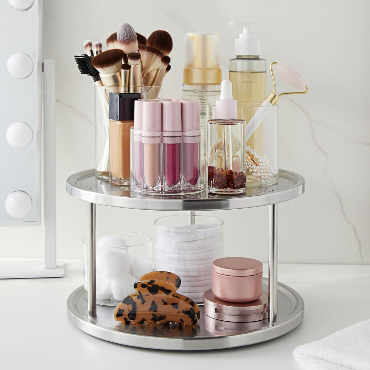 Juvale 2-Tier Lazy Susan Spice Rack Organizer for Cabinet - 10.5 in, Stainless Steel - Kitchen Countertop Organizer & Spice Carousel for Pantry Organization