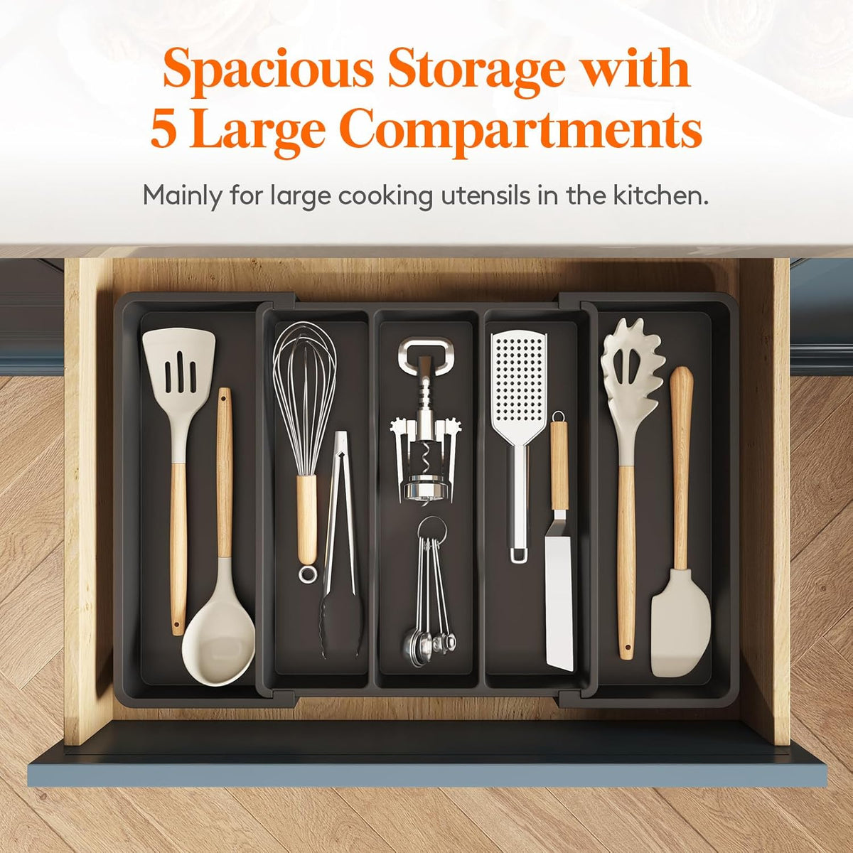 Lifewit Cooking Utensil Drawer Organizer, Expandable from 13 to 22.4 inches, Adjustable Cutlery Silverware Tray, Plastic Flatware Spatula Holder, Kitchen Tools Gadgets Storage Divider, Black