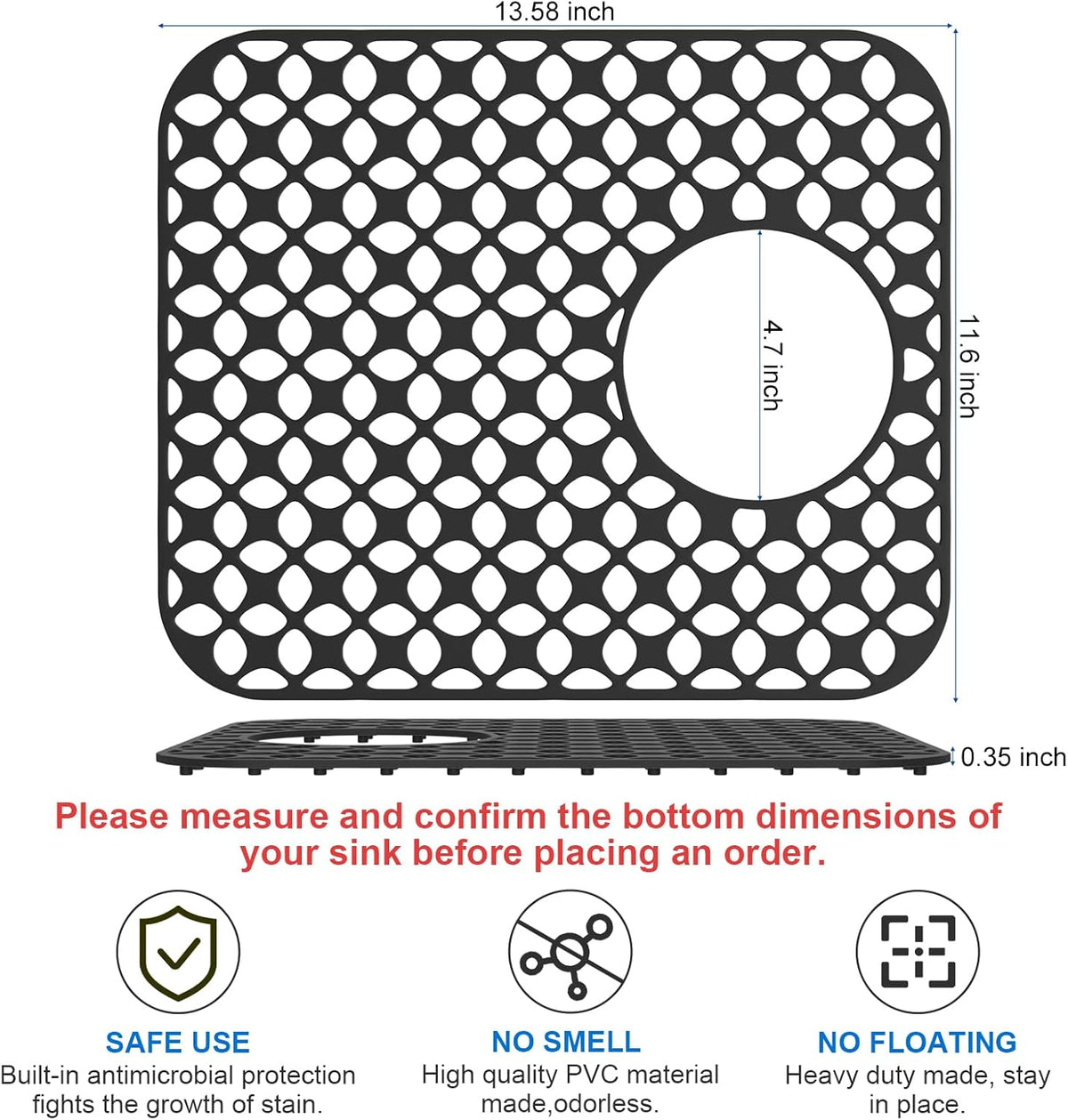 TOOVEM Sink Protectors for Kitchen Sink, Kitchen Stainless Ceramic, Folding Non-slip Mat, Heat Resistant Silicone Mat 1 Pcs, Black, 13.58 ''x 11.6 '' Rear Drain