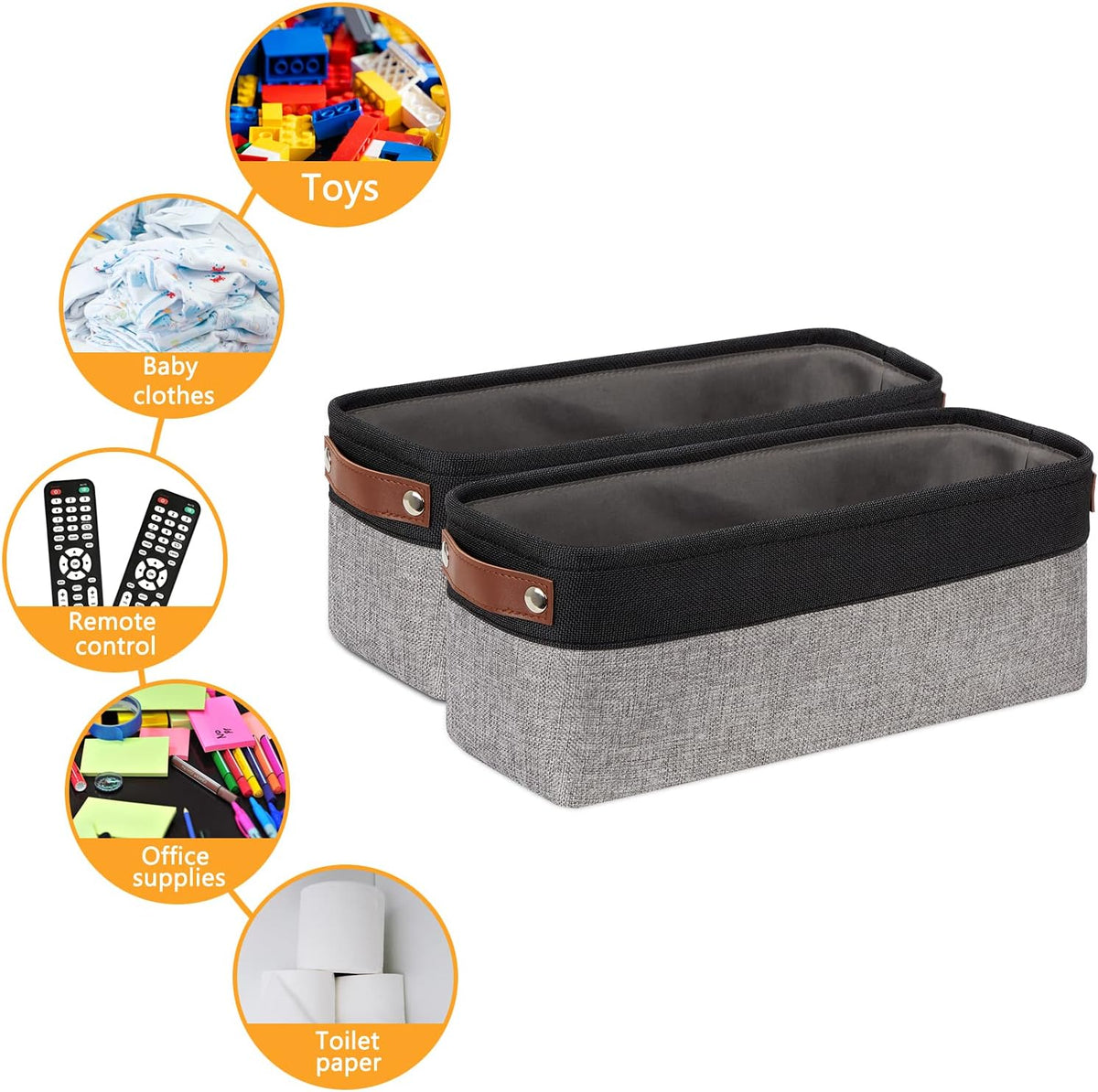 DULLEMELO Small Bathroom Baskets for Toilet Fabric Storage Baskets 2 Pack - 15"x6"x5.5" Foldable Fabric Organizer for Storage Decorative Storage Bins for Home,Closet(Black&Grey)