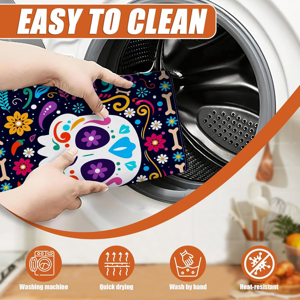 Sugar Skull Dish Drying Mat for Kitchen Counter Microfiber Absorbent Dish Day of the Dead Kitchen Drying Mat Draining Reusable Washable for Dishes/Utensils/Counterto