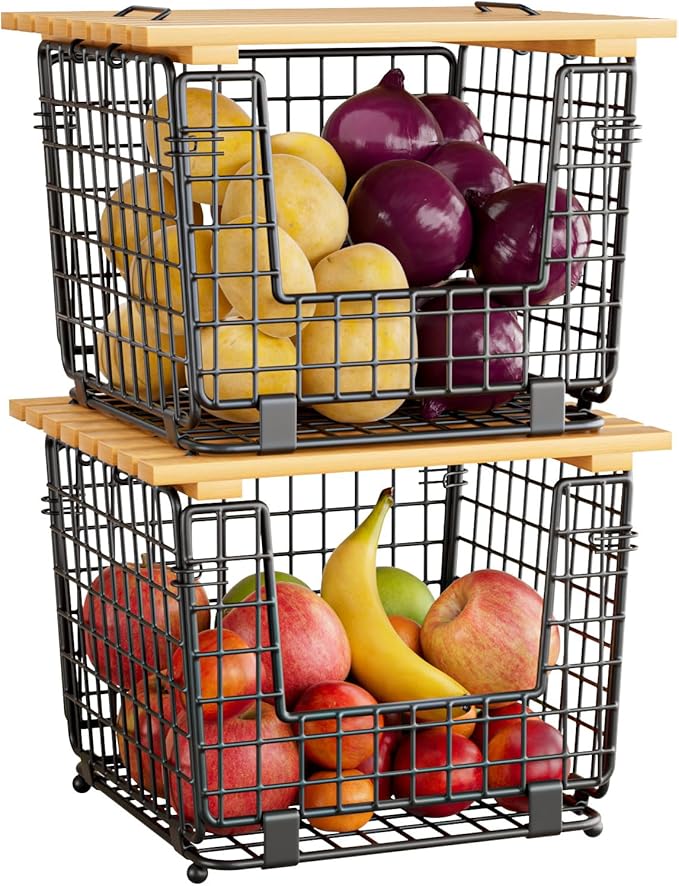 Wire Storage Basket for Kitchen Pantry: GGIU Stackable Kitchen Counter Organizers - Wire Organizing Bin for Produce Vegetable Potato and Onion Black