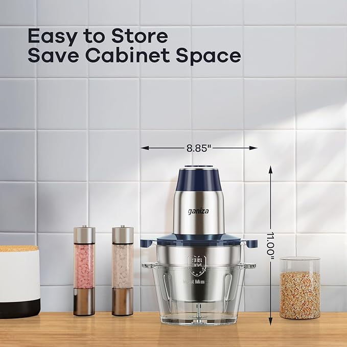 GANIZA Food Processors, Electric Chopper with Meat Grinder & Veggie Chopper - 2 Bowls with Powerful Copper Motor - Includes 2 Sets of Bi-Level Blades for Baby Food/Meat (Blue, 8 Cup+8 Cup)