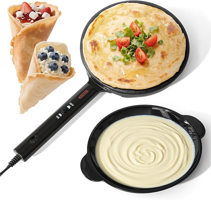 Electric Instant Crepe Maker, 8 Inch Portable Electric Crepe Maker Machine & Non-Stick Coating, On/Off Switch & Automatic Temperature Control, Compact Crepe Maker, Black