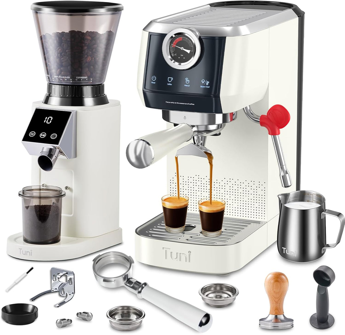 Tuni E2 58mm Espresso Machine with G1 Ivory Conical Burr Coffee Grinder and Bottomless Portalfilter Combo