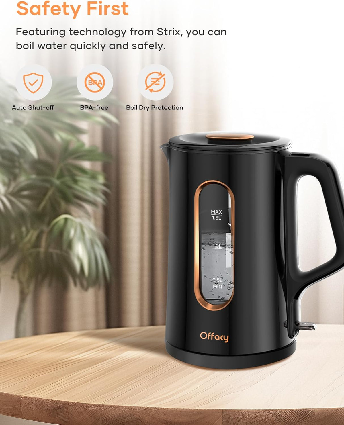 Offacy Electric Kettle, Tea Kettle Pot, Double Wall Glass Inner 1.5L/1200W, Hot Water Kettle Teapot Boiler & Heater with Automatic Shut Off, BPA-Free & LED Indicator Lights, Black