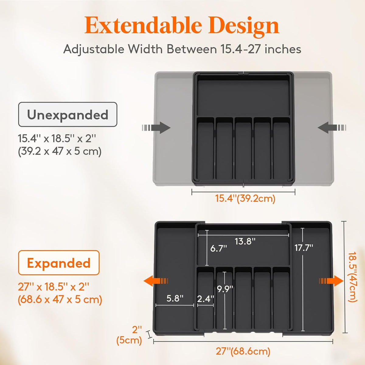 Lifewit Silverware Drawer Organizer, Expandable from 15.4 to 27 inches, Utensil Tray for Kitchen, Adjustable Cutlery Holder, Plastic Flatware Storage for Spoons Forks Knives, Extra Large, Black