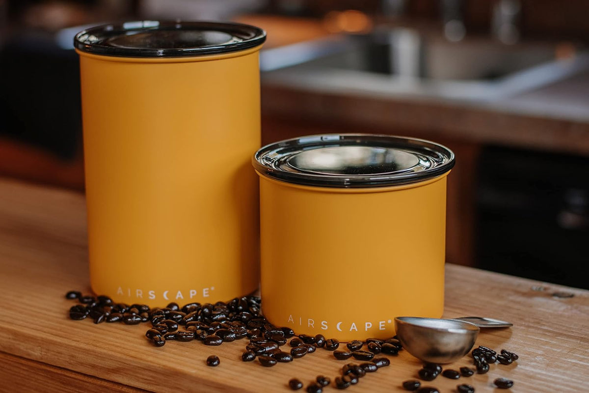 Planetary Design Airscape Stainless Steel Coffee Canister | Food Storage Container | US Patented Airtight Lid | Push Out Excess Air Preserve Food Freshness (Small, Matte Yellow)