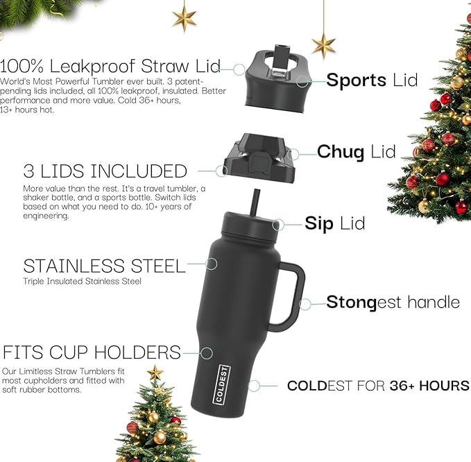 Coldest Tumbler with Handle and Straw - 100% Leak Proof Insulated Tumbler with Lid and Straw (3 Lids) - Stainless Steel Tumblers for Women & Men - Cup Holder Friendly Base, 36 oz (All in)