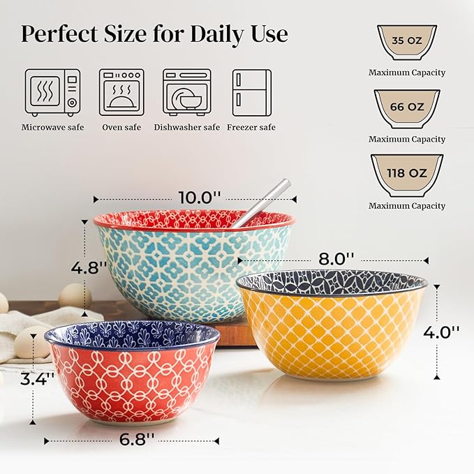 DOWAN Mixing Bowls, Ceramic Mixing Bowls for Kitchen, Colorful Vibrant Nesting Bowls for Cooking, Baking, Prepping, Serving, Salad, Housewarming Gift, Microwave Dishwasher Safe, 3.7/2/1 Qt, Set of 3