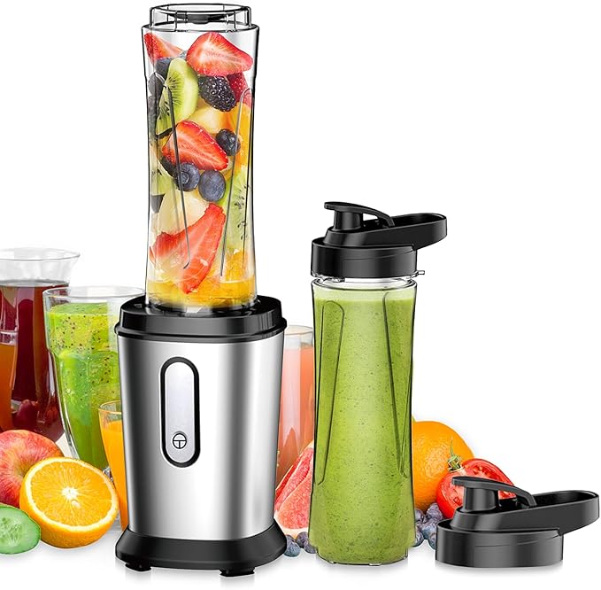 Electric Smoothie Blender, Powerful Small Blender with 2 Portable 20oz Tritan blender Bottles, BPA-Free with 4 Stainless Steel Blades, Mixer Smoothie Maker for Shakes and Smoothies