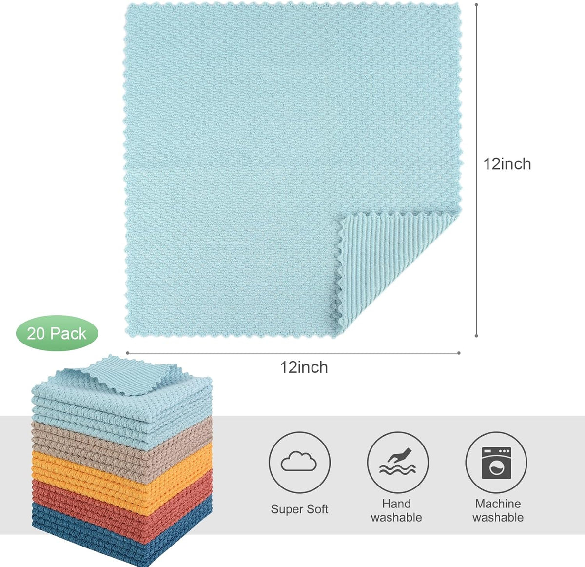 SINLAND Microfiber Dish Cloth for Washing Dishes Rags Best Kitchen Washcloth Cleaning Cloths with Poly Scour Side Popcorn Texture 5 Color Assorted 12Inchx12Inch 20 Pack