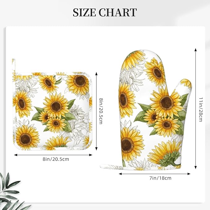 Yellow Sunflower Oven Mitts Pot Holders Set Silicone Heat Resistant Sunflowers Oven Mitts and Hot Pads Yellow Flowers Potholders Non-Slip Oven Gloves for Cooking Baking Grilling BBQ