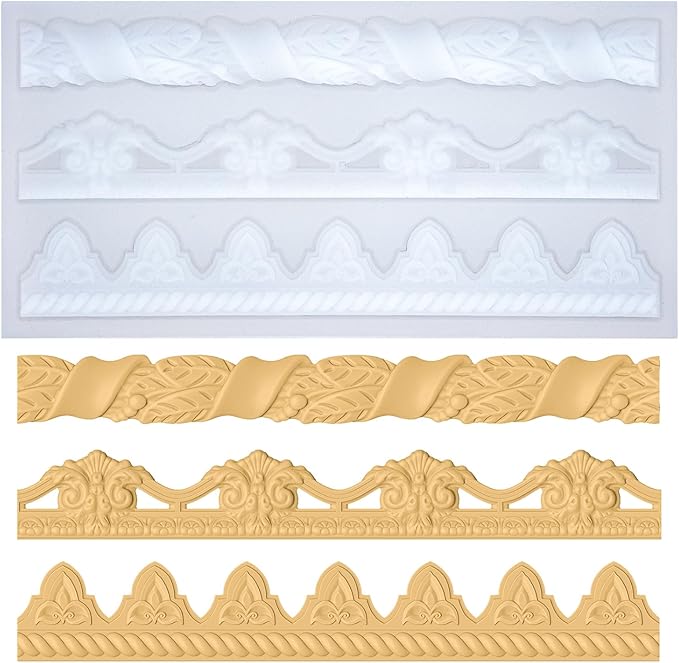 Art Molds for Polyclay Air Dry Clay Plaster Epoxy Resin Fondant Cake Decor 3 Border Trimmings