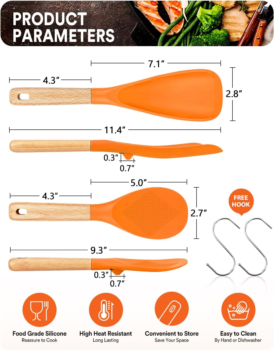 Cooking Spoon and Rice Scooper for Nonstick Cookwares, Great for Cooking and Serving Sturdy BPA-Free Matte Silicone, Wood Handle Spoon for Mixing, Scoop, and Scrape (ORANGE)
