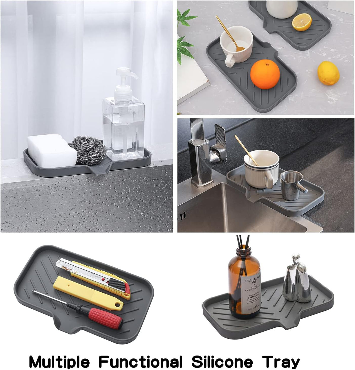 Silicone Bathroom Soap Dishes with Drain Spout-Bathroom and Kitchen Sink Organizer,Sponge Holder,Dish Soap Tray,Perfect for Dispenser,Scrubber,Bottle,Cup on Sink or Counter-Grey 9.6"×5.3"