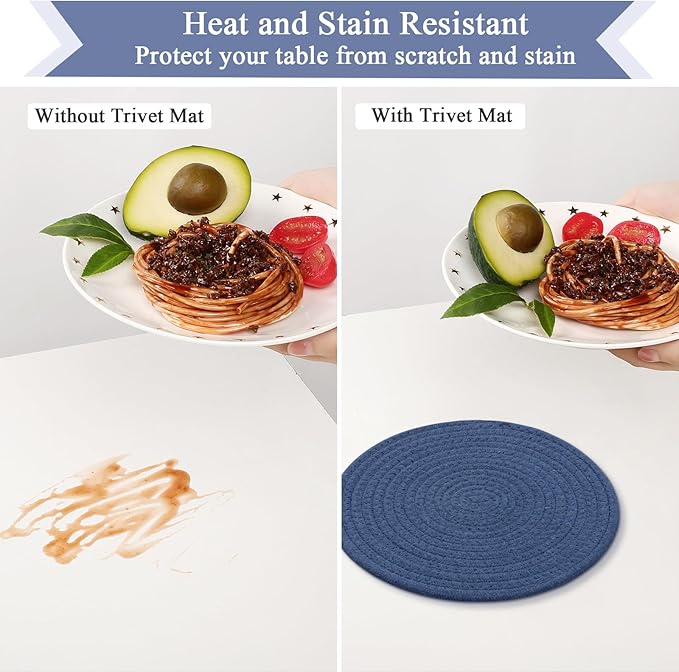 SHACOS 10 Inches Trivets for Hot Dishes, 4 Pieces Cotton Trivets Mats for Kitchen, Hot Pads for Countertops and Table, Heat-Resistant Pot Holders for Hot Pots and Pans(Blue, 4pcs)