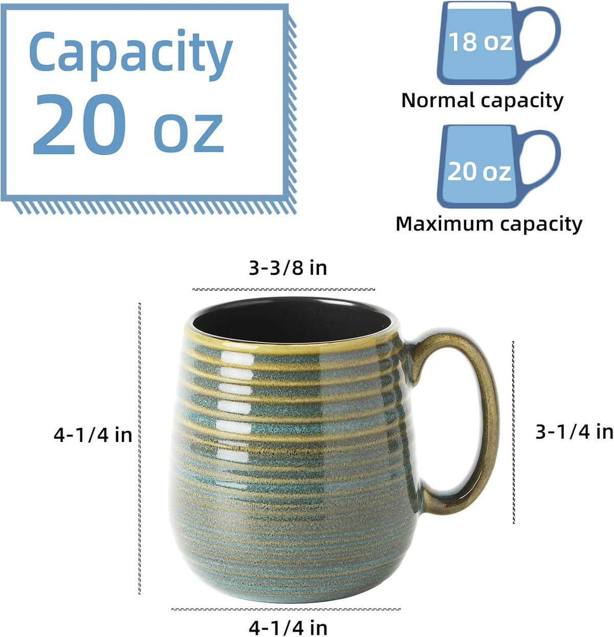 20 oz Large Ceramic Coffee Mug, Coffee Mugs for Women and Men, Big Tea Cups, Large Handle Handmade Pottery Mug for Office and Home, Microwave and Diahwasher Safe (Green with Stripes, 1PCS)