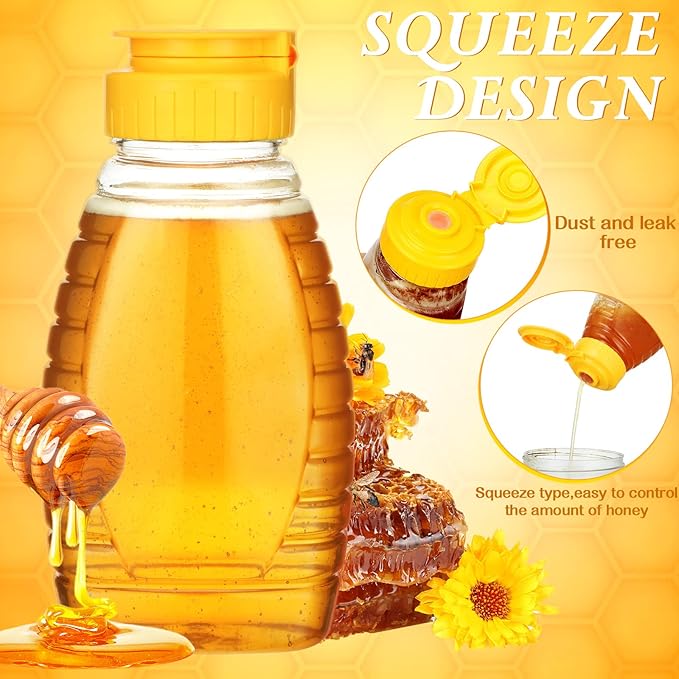 Eccliy 32 Pcs 8.8 oz Clear Plastic Honey Jar Empty Honey Bottles with Caps Refillable Containers Leakproof Squeeze Bottle Container Holder with Flip Lid for Storing(Yellow)