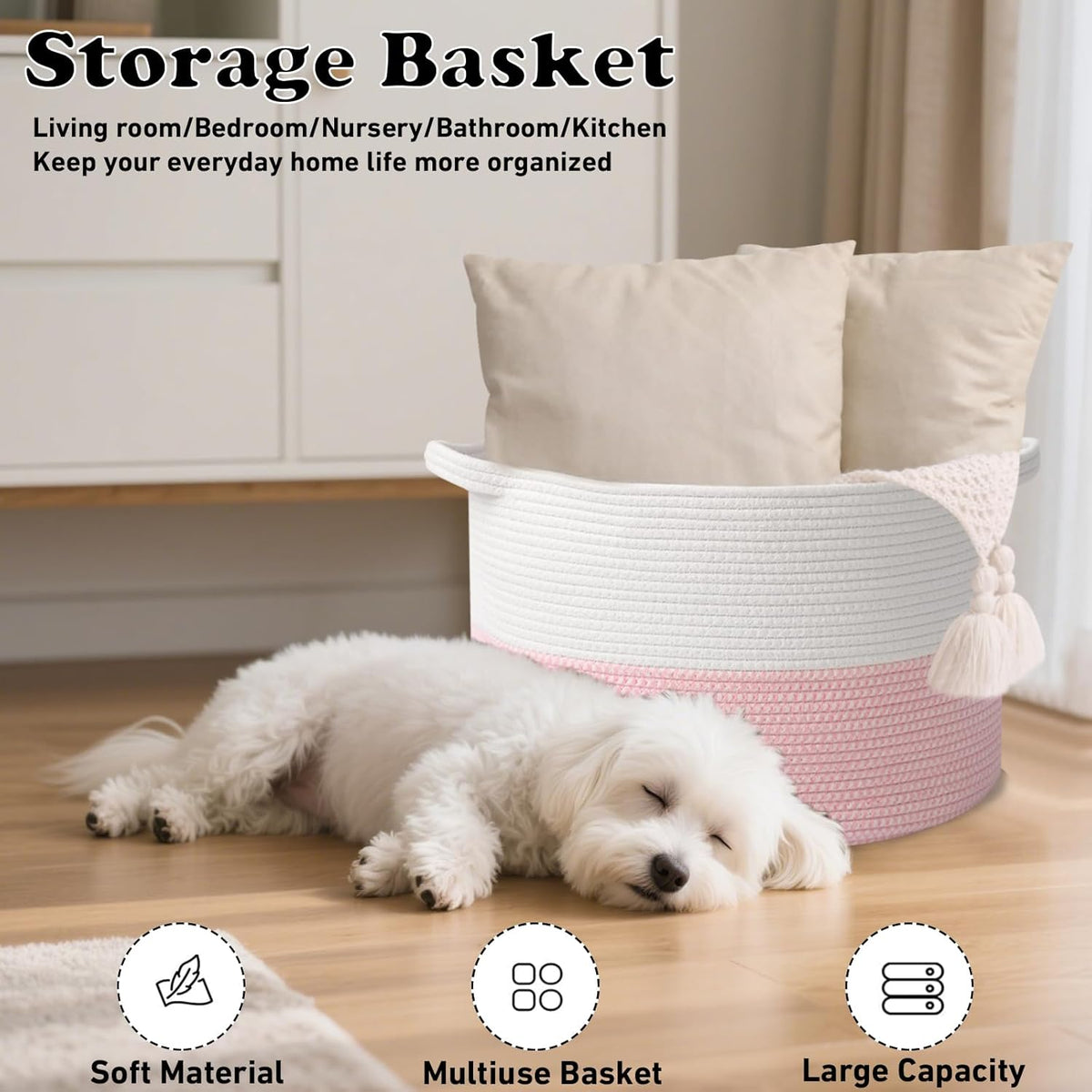 Large Blanket Basket for Organizing,115L Closet Organizers and Storage Bins Box for Shelves Woven Rope Storage Baskets,Living Room,Bedroom,Dorm,Laundry room (White&Pink)