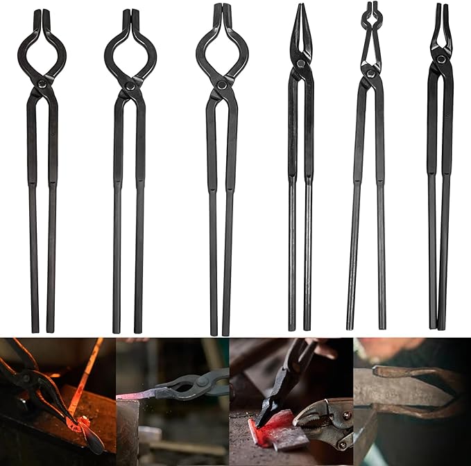 Beginner blacksmith tongs Blacksmith Forge Tong Tools Set Includes 1/4 Flat Jaw, Pick Up, Scroll, 3/8 1/2 5/8 V-Bit Tongs (6 Piece)