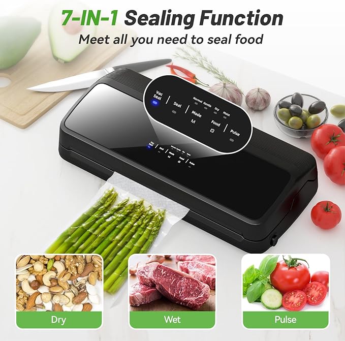 Vacuum Sealer Machine, 90Kpa 7-IN-1 Vacuum Sealer for Food Dry/Moist/Gentle Mode with Build-in Cutter and Storage, Food Vacuum Sealer Machine Tempered Glass Panel with Vacuum Bags, Vaccum Hose