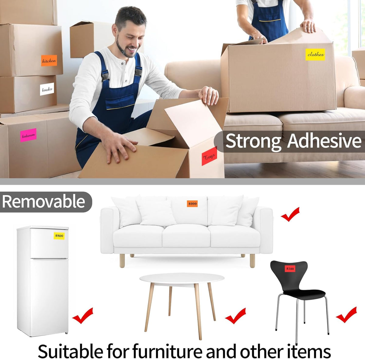 STARLIBOO Removable Colored Labels Stickers, 3X5 Inch Removable Large Label Stickers for Moving Boxes and Storage Bins- Waterproof- Tear Resistant (Multicolor