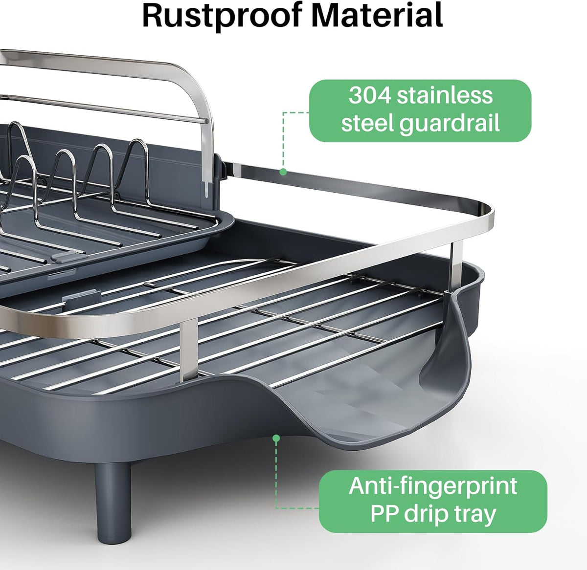 SAYZH Dish Drying Rack - Expandable Dish Rack for Kitchen Counter, Rust-Resistant Dish Drainer with Utensil Holder and Raised Guardrail, Kitchen Organizer for Cup and Bottle (Grey)