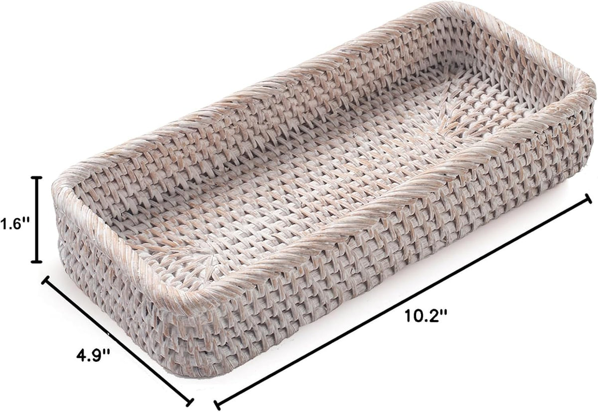 Rattan Bathroom Vanity Trays Toilet Tank Baskets Long Narrow Hand Towel Storage Basket for Storage, Decorative (Whitewash 10.2 x 4.9 x 1.6 inch)