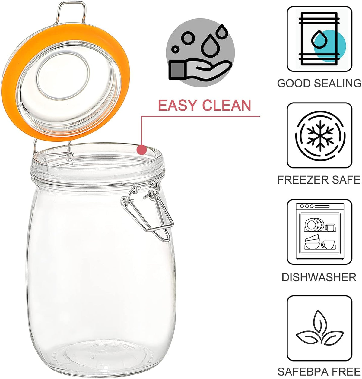 DANALLAN Wide Mouth Mason Jars, 4Pcs 32 oz Glass Jars with Airtight Lid Large Mason Canning Jars Clear Storage Canister Jars with Measurement Marks for Canning Flour Jam Jelly Coffee Sugar Beans
