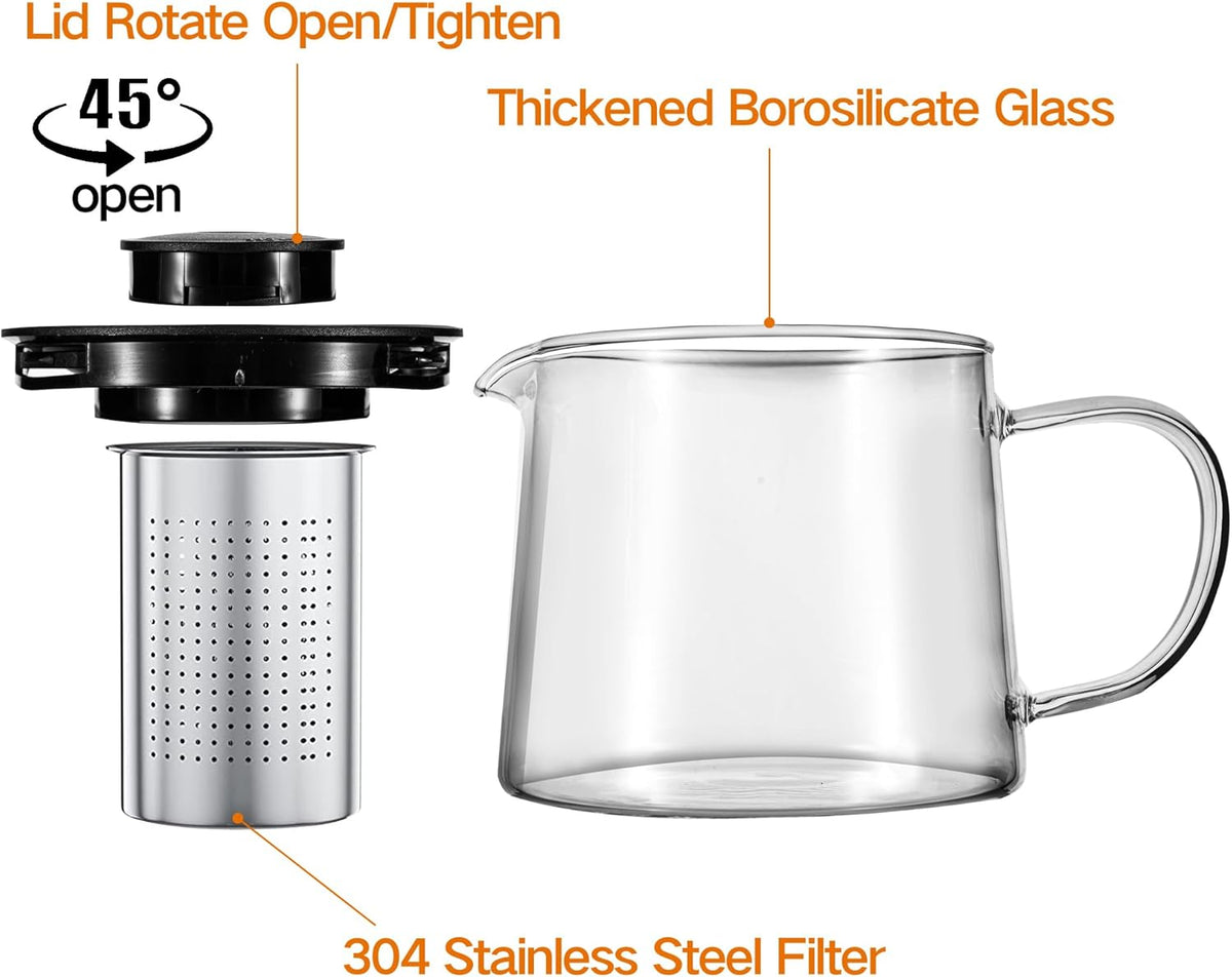 Glass Teapot 34oz/1000ml with Removable Stainless Steel Infuser Tea pot, Heatproof Borosilicate Glass Tea Make, Stovetop Safe Glass Tea Kettle for Loose and Blooming Leaf Tea