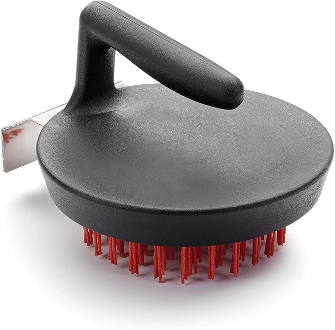 Outset 76621 Himalayan Salt Block, Pizza Stone and Cast Iron Pan Nylon Cleaning Brush with Stainless Steel Scraper, 5 x 4 x 3, Black