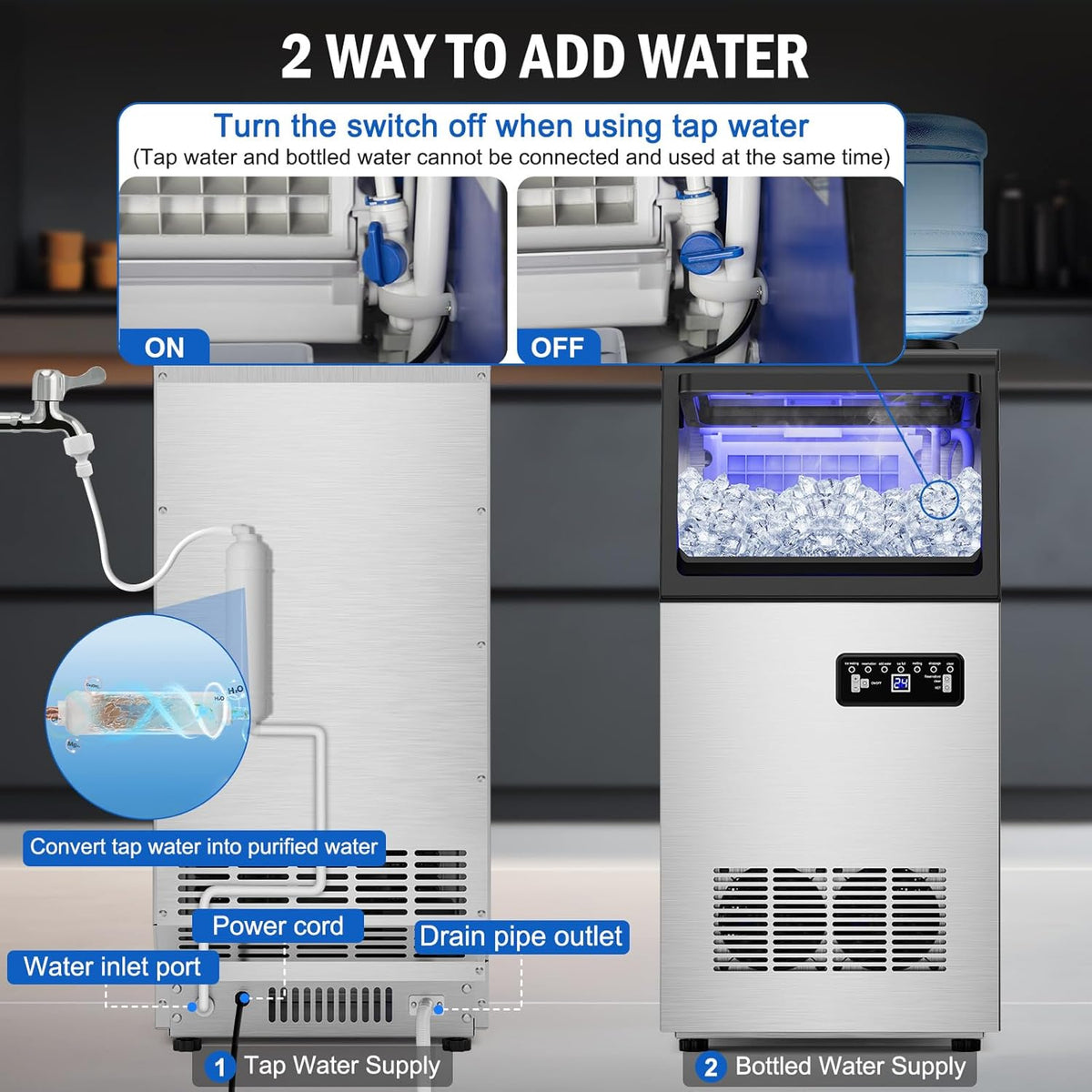 Commercial Ice Maker Machine 110 LBS/24H, 36 Ice Trays Freestanding & Undercounter Ice Machine Stainless Steel with 20 LBS Ice Storage Capacity, Ice Maker with Water Line and Filter, Dual Water Inlet