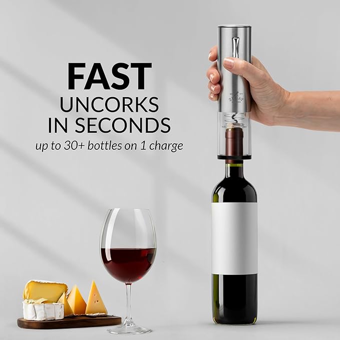 Zulay Kitchen Electric Wine Opener 5-Piece Gift Set with Charging Base - Foil Cutter, Aerator & Pourer, Vacuum Stoppers - Automatic Wine Bottle Corkscrew Opener For Smooth & Fast Uncorking