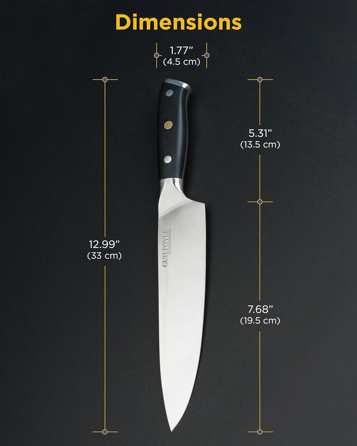 Modern Chef's Knife, Precision Crafted German Style High Carbon Stainless Steel, Improved Shape For Balance and Comfort, Space-Age Advanced Fiberglass Composite Handle, Full Tang, Butt Cap & Gift Box