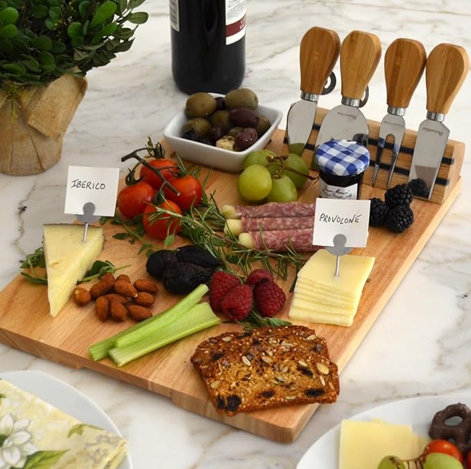 Picnic at Ascot Personalized Monogrammed Laser Engraved Hardwood Board for Cheese & Appetizers - Includes 4 Cheese Knives, Cheese Markers & Ceramic Dish - Designed in California