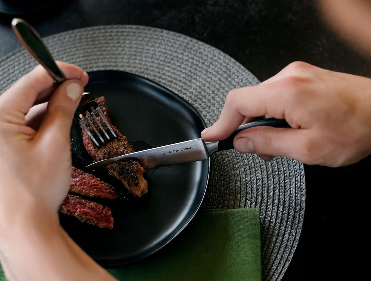 8-Piece Serrated Kitchen Steak Knife Set – Forged High Carbon Stainless Steel, Ultra Sharp, Ergonomic Black Handles, Durable Dinner Knives, Black Handle