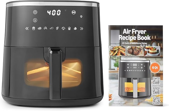 Amazon Basics 6-Quart Air Fryer with Easy View Window, 8 Preset Menus, 1550W, Black