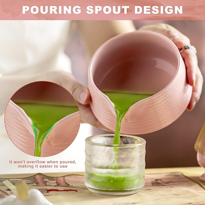 Matcha Whisk Set,Includes Ceramic Matcha Bowl, Bamboo Matcha Whisk and Holder, Bamboo Scoop and Spoon, Scoop Rest, Sifter and Tea Towel,Traditional Japanese Matcha Tea Ceremony Set Gift(pink)